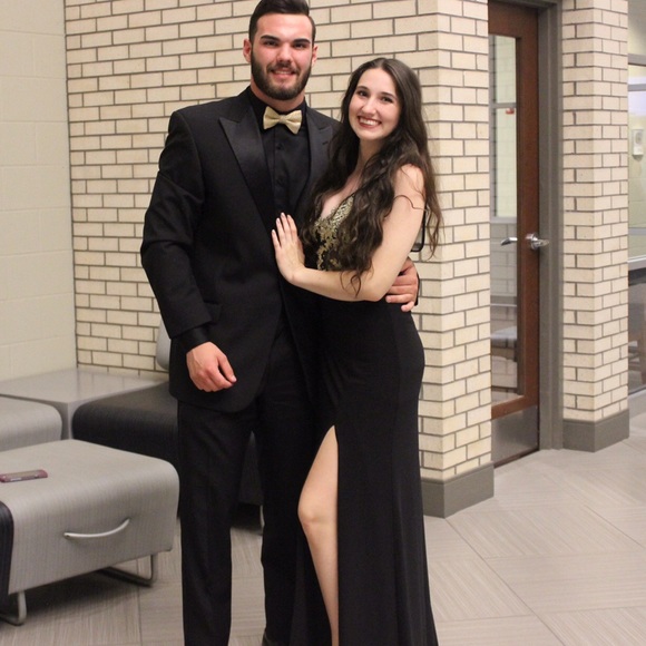 black prom dress with gold accents